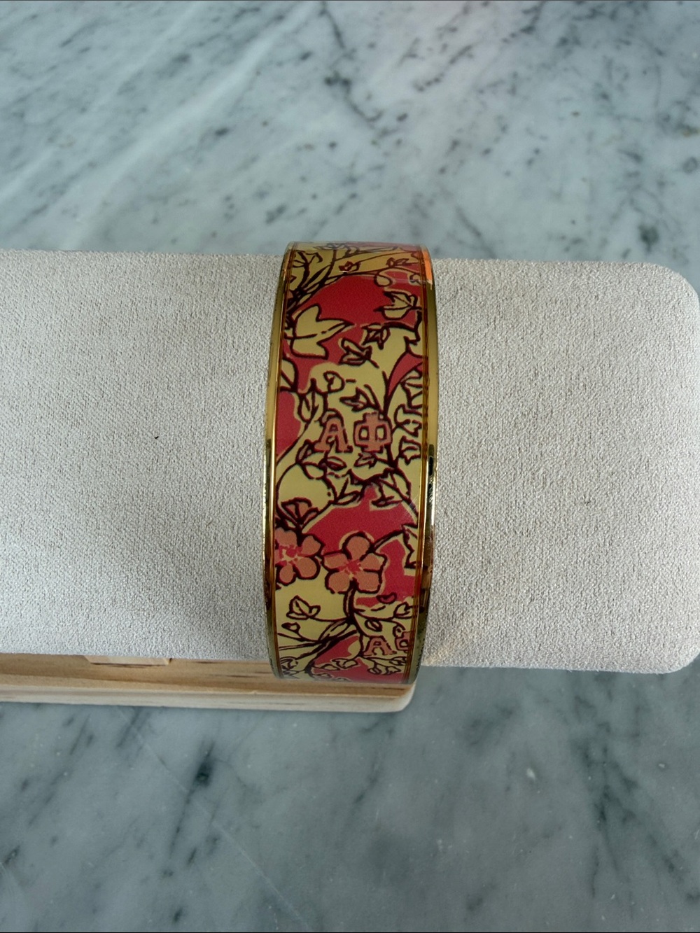 Lilly Pulitzer Alpha Phi Coral and Cream Floral Enamel Bangle with Gold Trim